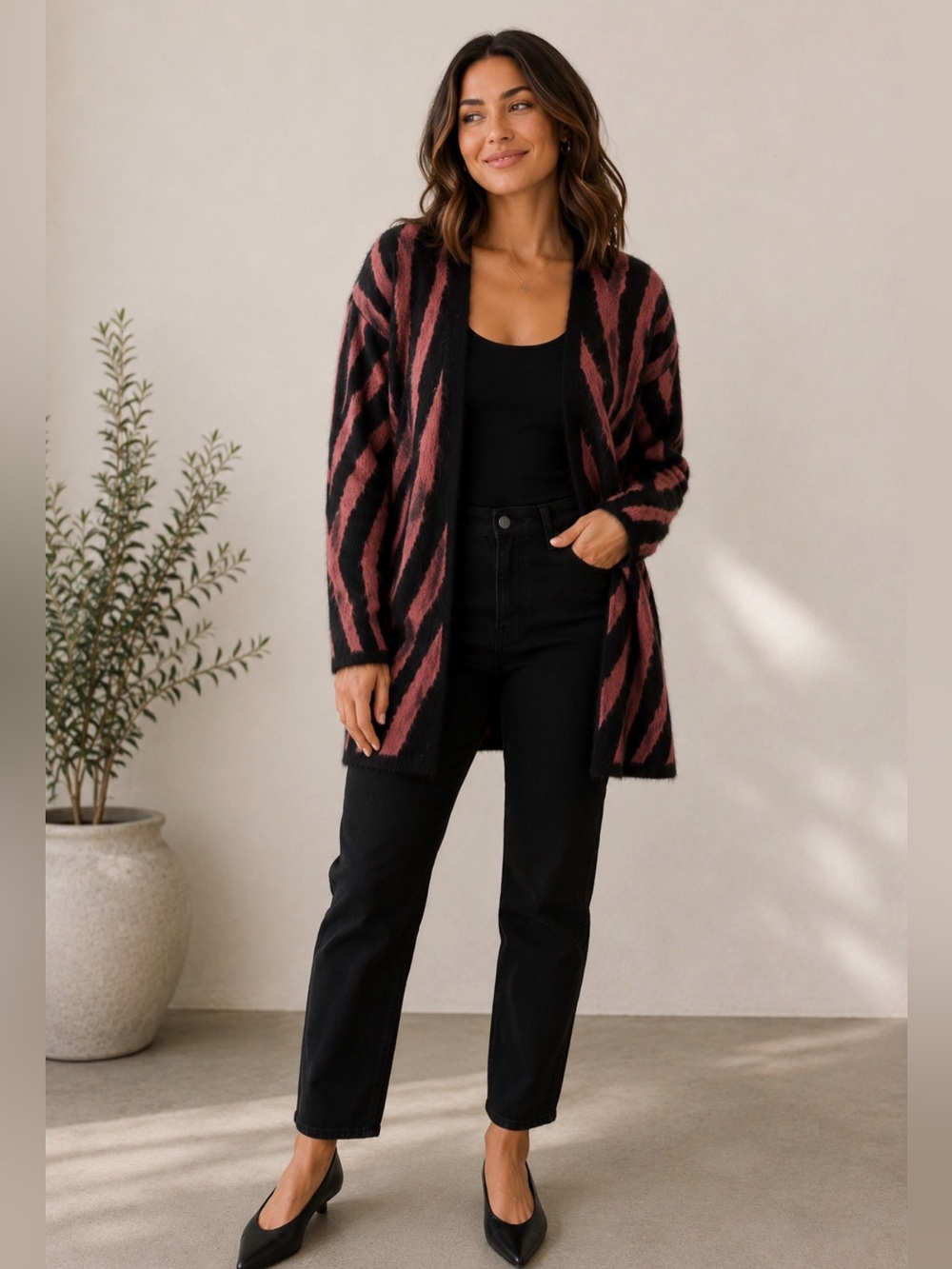 Tahari Black and Coral Zebra-Stripe Coat L-XL
